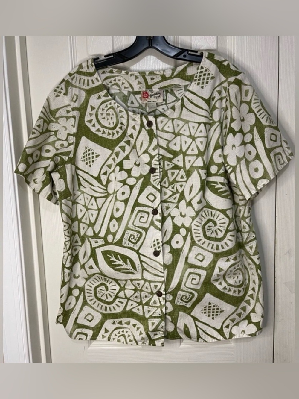 Hilo Hattie Vintage Green Beige Hawaiian Resort Cotton Button Down Camp Shirt LG